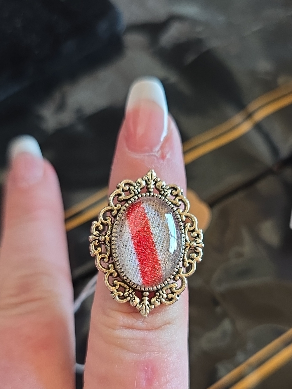 Vintage-Style Gold Filigree Ring with Red and White Cabochon
